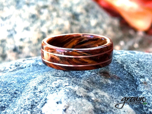 1920s Reclaimed Douglas Fir Twin Rose Gold Inlays Wood and Gold Rings Wedding Bands GrownRings Rose Gold, 1920s Reclaimed Douglas Fir, wood, gold, Handmade, Earth materials, Wood Ring, Man wedding band, Reclaimed Wood, gold ring for man, gold ring for woman, Rose gold ring woman