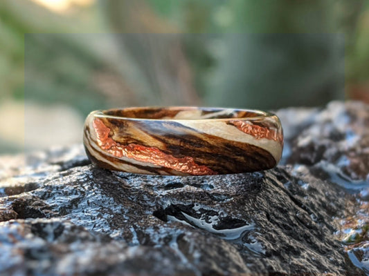 Driftwood Bocote with Rose Gold Veins Wood and Gold Rings Wedding Bands GrownRings Rose Gold, Driftwood, Bocote, Handmade, Gold Inlay, mens wedding band, wooden ring men, wooden engagement ring, wooden wedding ring, wooden wedding band, Driftwood Ring, Sailing ring, Destination wedding