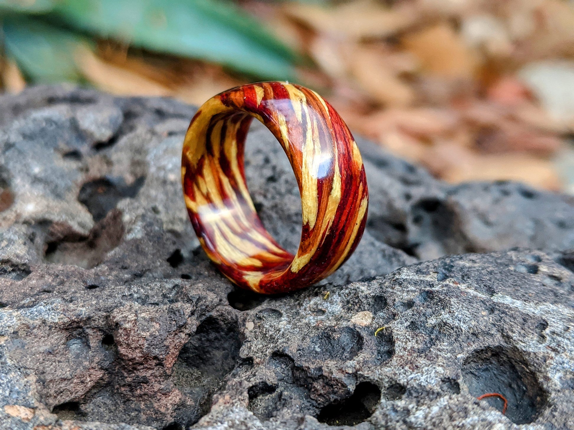 Ring Of Fire - Bloodwood, Yew, Yellowheart All Wood Rings Bands GrownRings Handmade, Reclaimed Wood, mens ring handmade, custom wood ring, Womens ring, rings made of wood, Anniversary gift, Irish wedding, yew, yellowheart, bloodwood