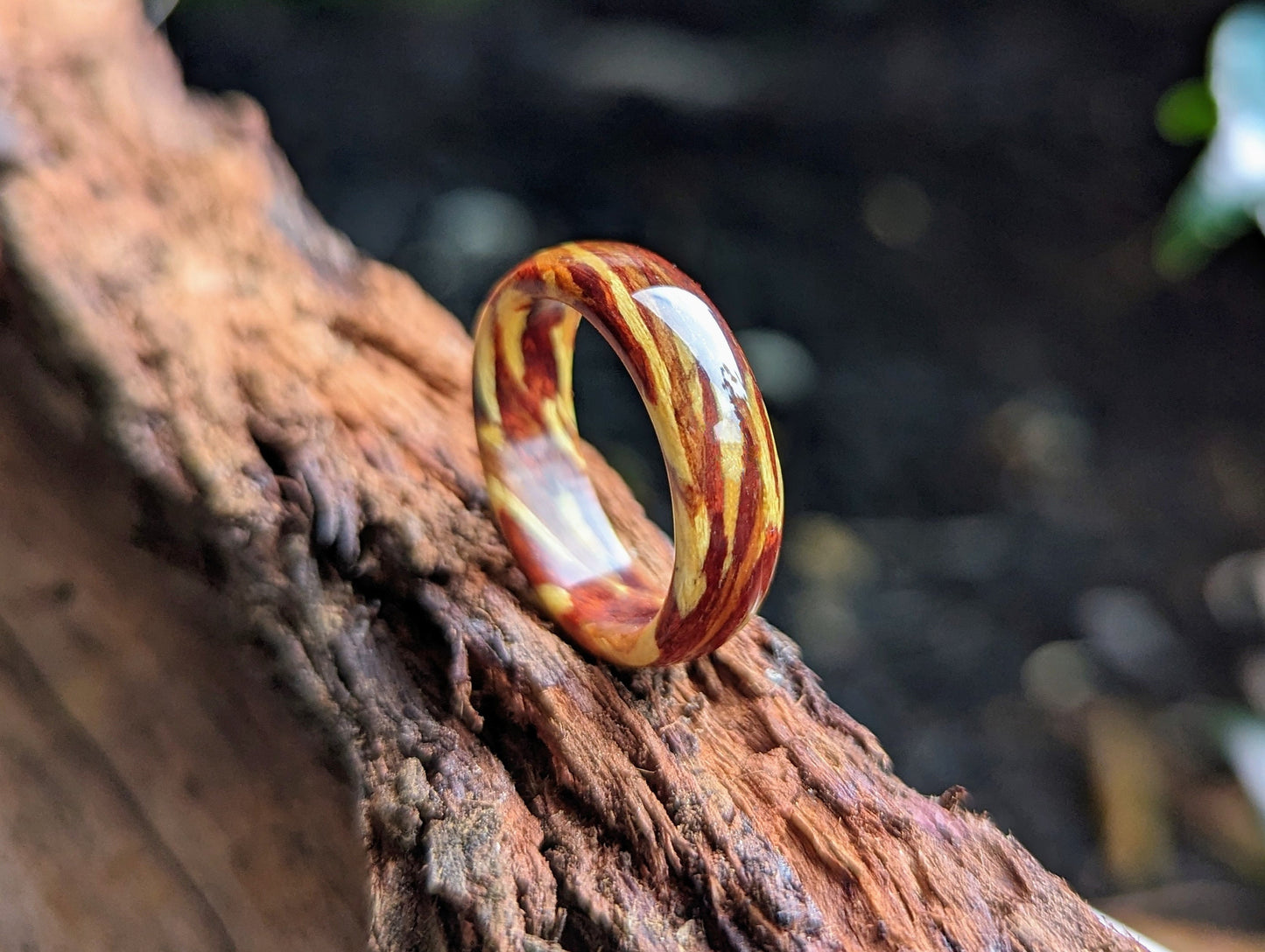 Ring Of Fire - Bloodwood, Yew, Yellowheart All Wood Rings Bands GrownRings Handmade, Reclaimed Wood, mens ring handmade, custom wood ring, Womens ring, rings made of wood, Anniversary gift, Irish wedding, yew, yellowheart, bloodwood