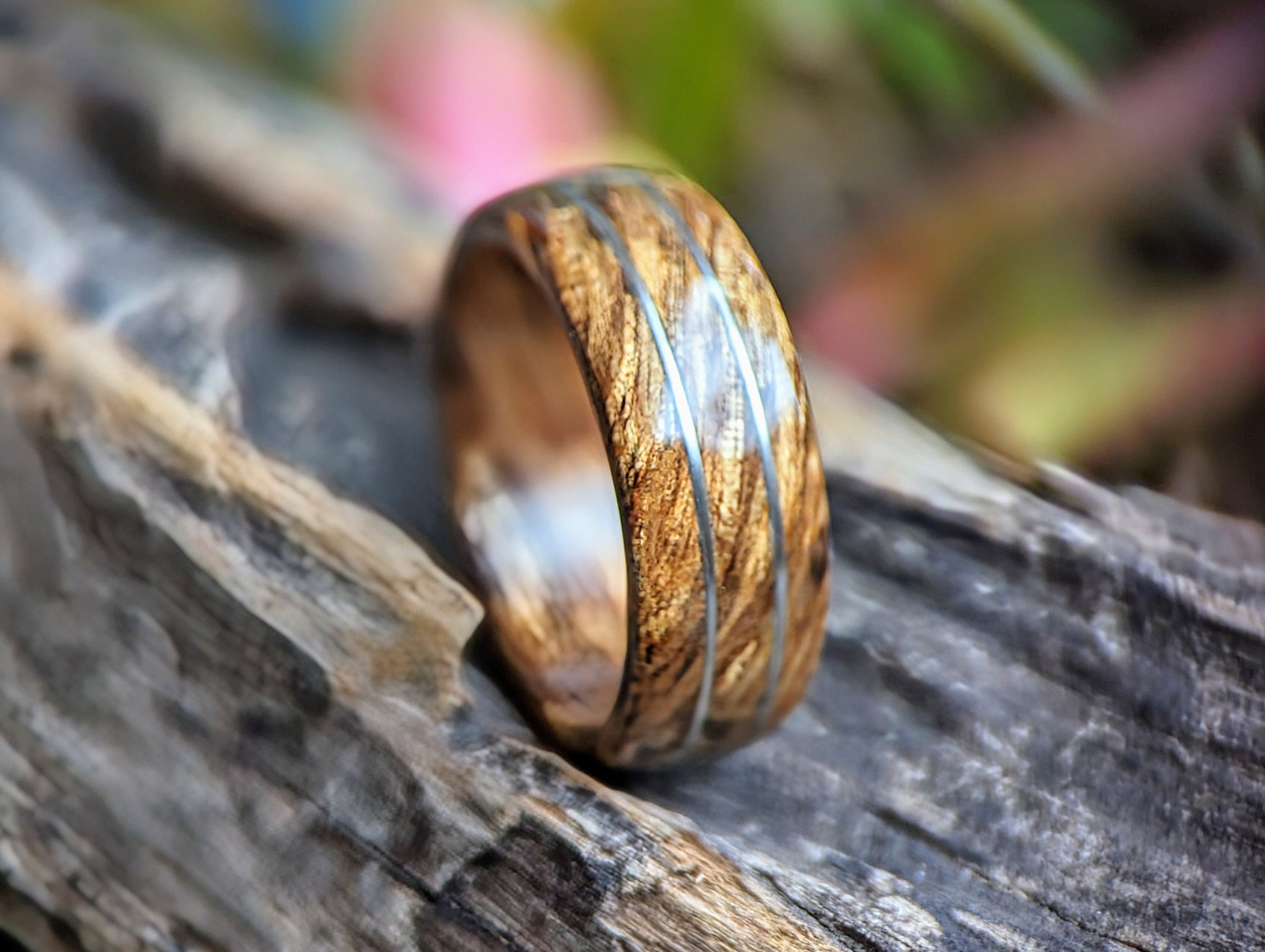Hawaiian Koa with Twin Platinum Wire Inlay Wood and Gold Rings Wedding Bands GrownRings Rose Gold, wood, gold, Handmade, Natural jewerlry, Earth materials, Wood Ring, Man wedding band, Reclaimed Wood, gold ring for man, Platinum wood wedding ring, surfer, beach