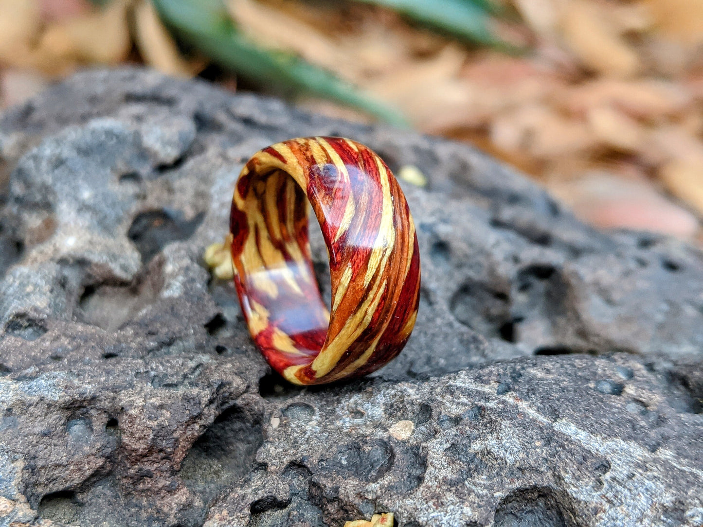 Ring Of Fire - Bloodwood, Yew, Yellowheart All Wood Rings Bands GrownRings Handmade, Reclaimed Wood, mens ring handmade, custom wood ring, Womens ring, rings made of wood, Anniversary gift, Irish wedding, yew, yellowheart, bloodwood