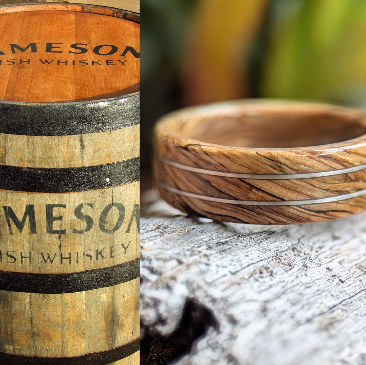 Grown Rings Jameson Whiskey Barrel Spiral Grain Ring with Twin Platinum Wire Inlays Wooden Wedding Band