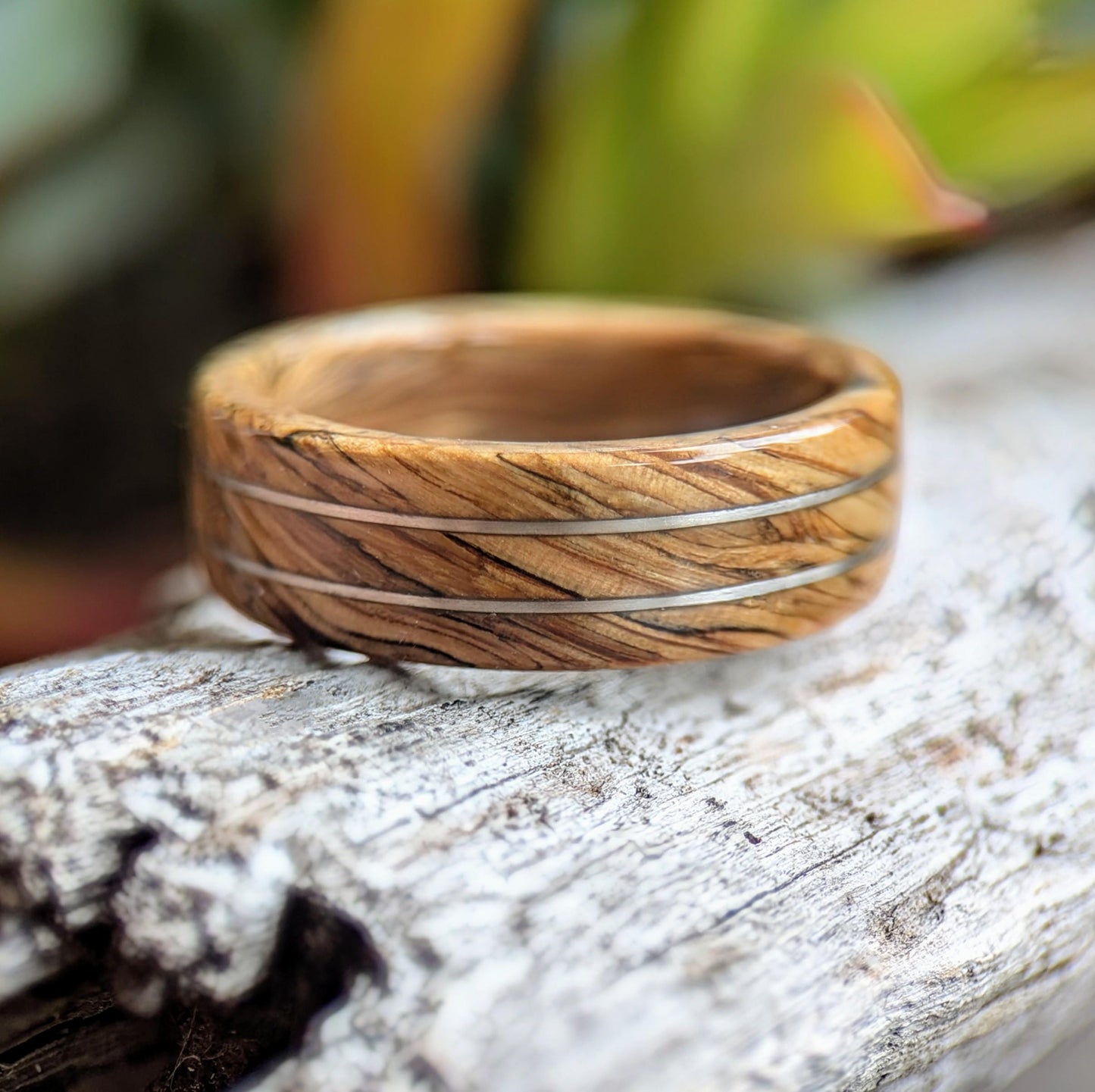 Grown Rings Jameson Whiskey Barrel Spiral Grain Ring with Twin Platinum Wire Inlays Wooden Wedding Band