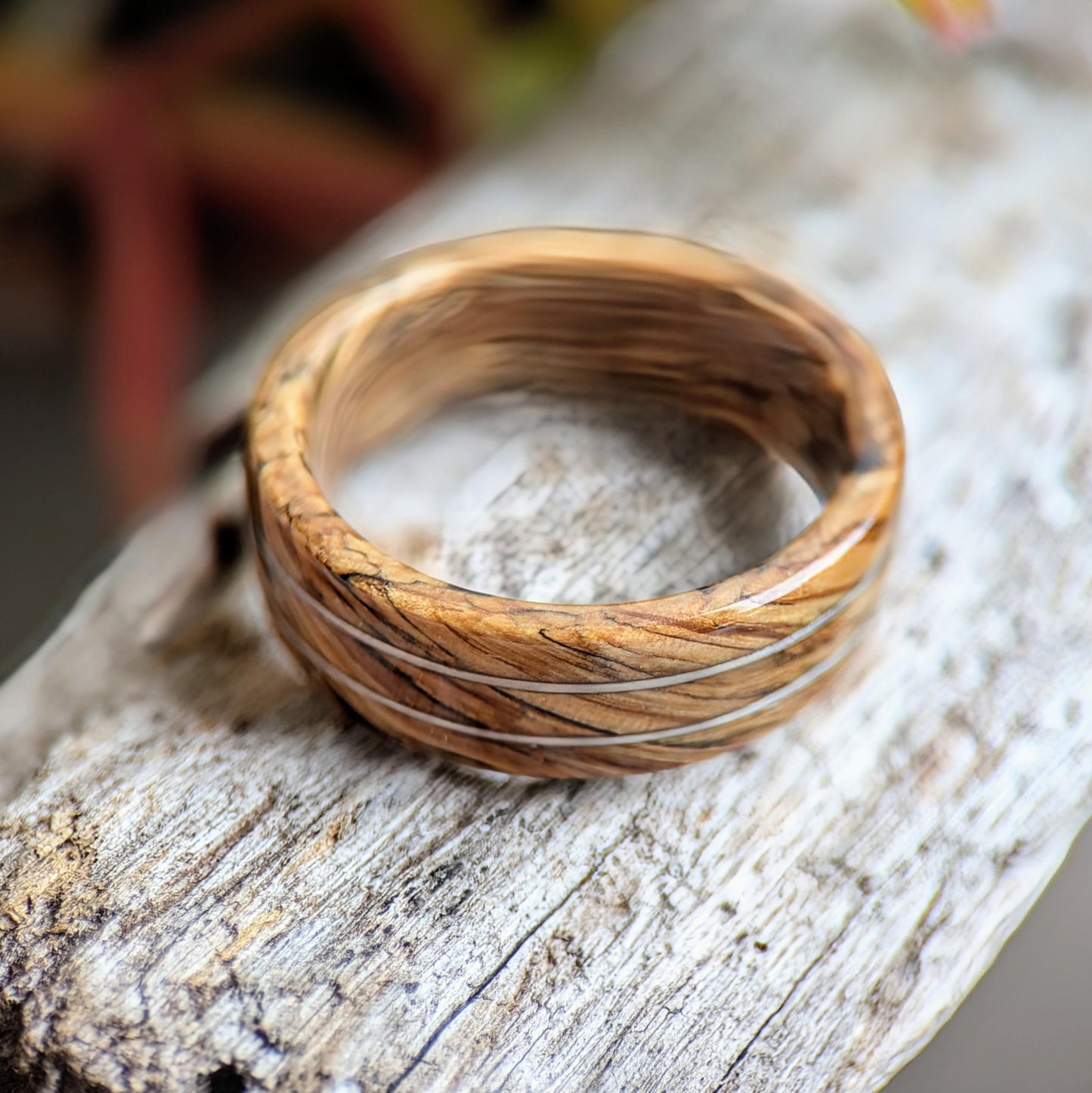 Grown Rings Jameson Whiskey Barrel Spiral Grain Ring with Twin Platinum Wire Inlays Wooden Wedding Band