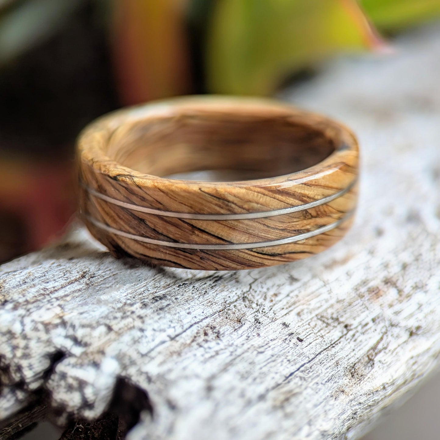Grown Rings Jameson Whiskey Barrel Spiral Grain Ring with Twin Platinum Wire Inlays Wooden Wedding Band