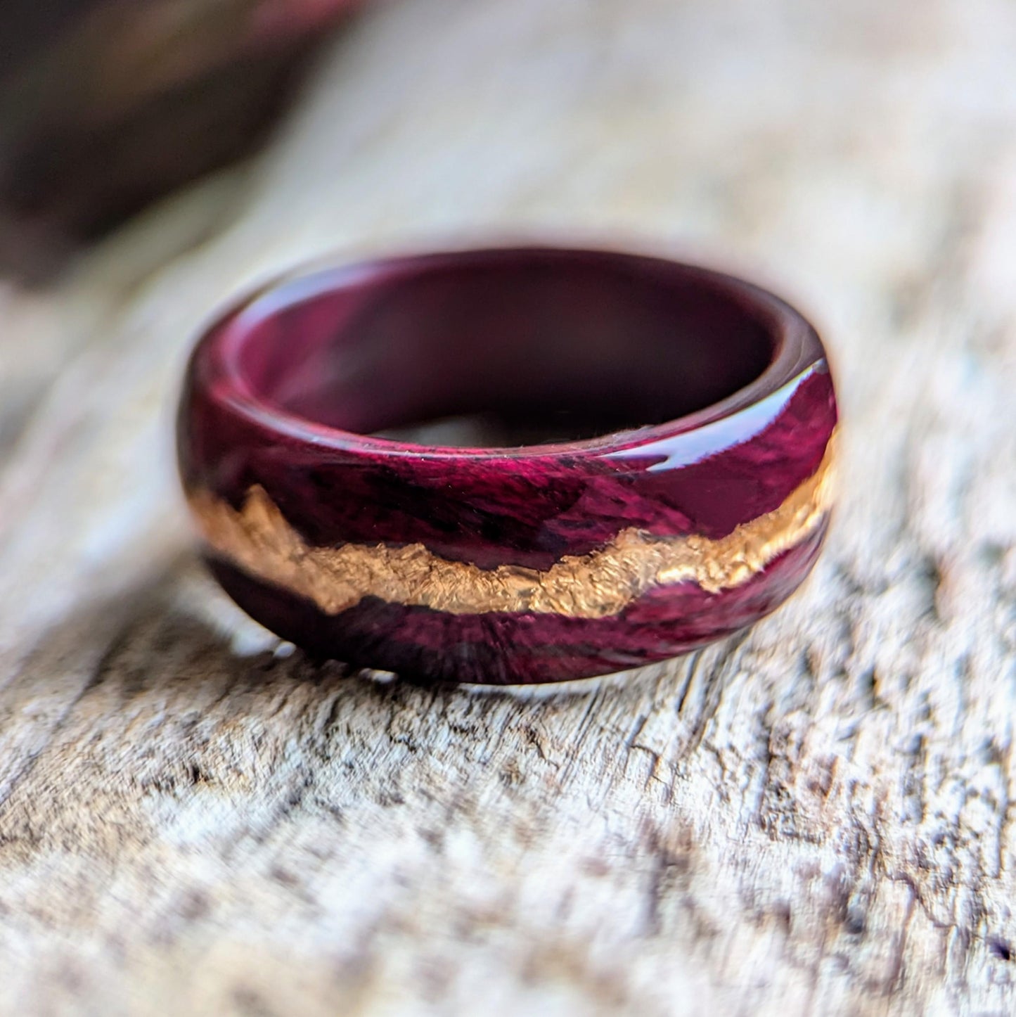 Grown Rings Purpleheart Spiral Grain wooden ring with central 22K Rose Gold Vein