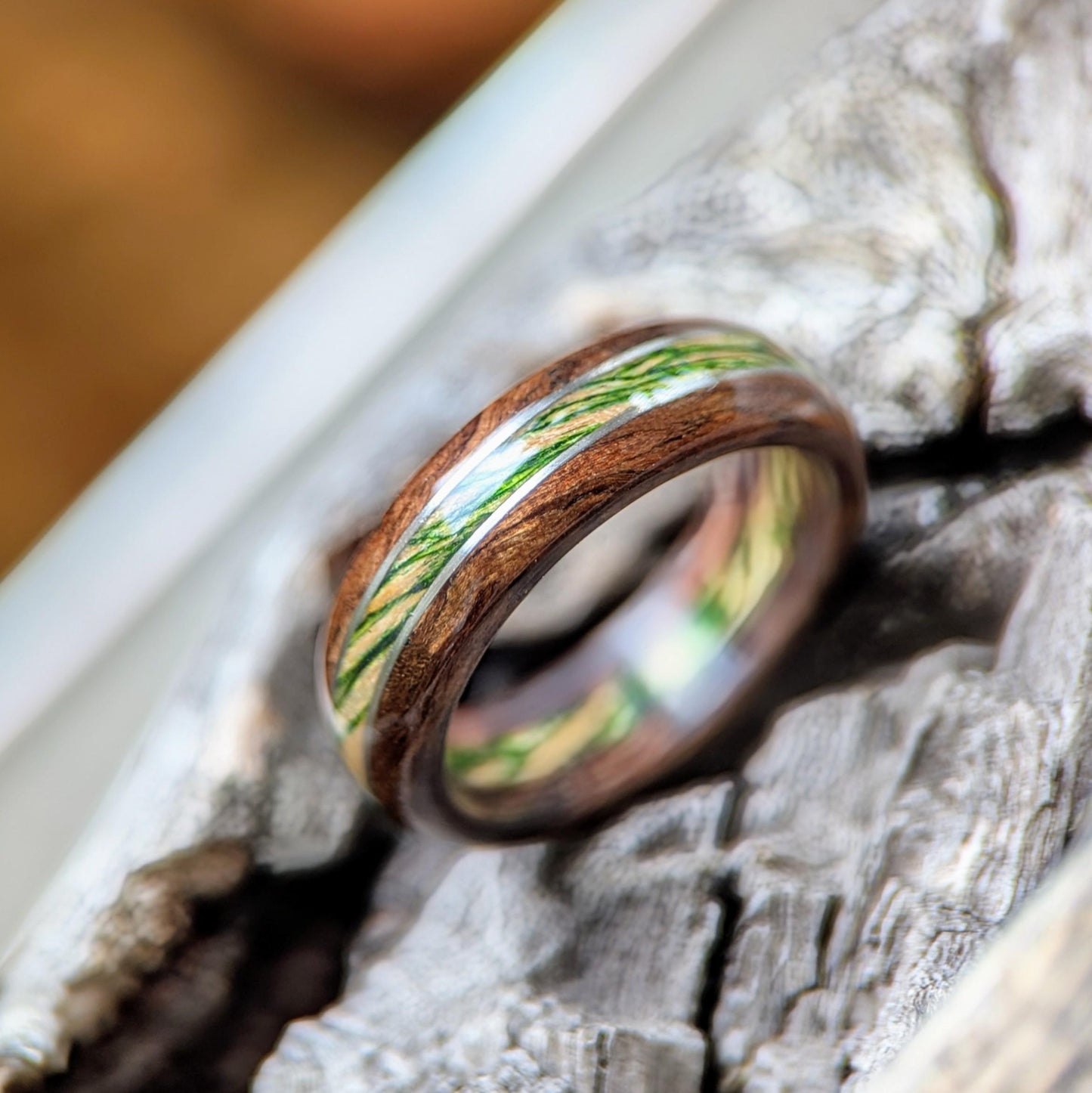 Walnut and Emerald Maple with Twin Platinum Wire Inlay Wood and Gold Rings Wedding & Engagement GrownRings Walnut, 8mm wide, Handmade, Natural, Reclaimed Wood, mens ring wood, mens ring, mens gift ideas, mens wood ring, Sustainable, walnut wedding ring, Maple ring, Maple