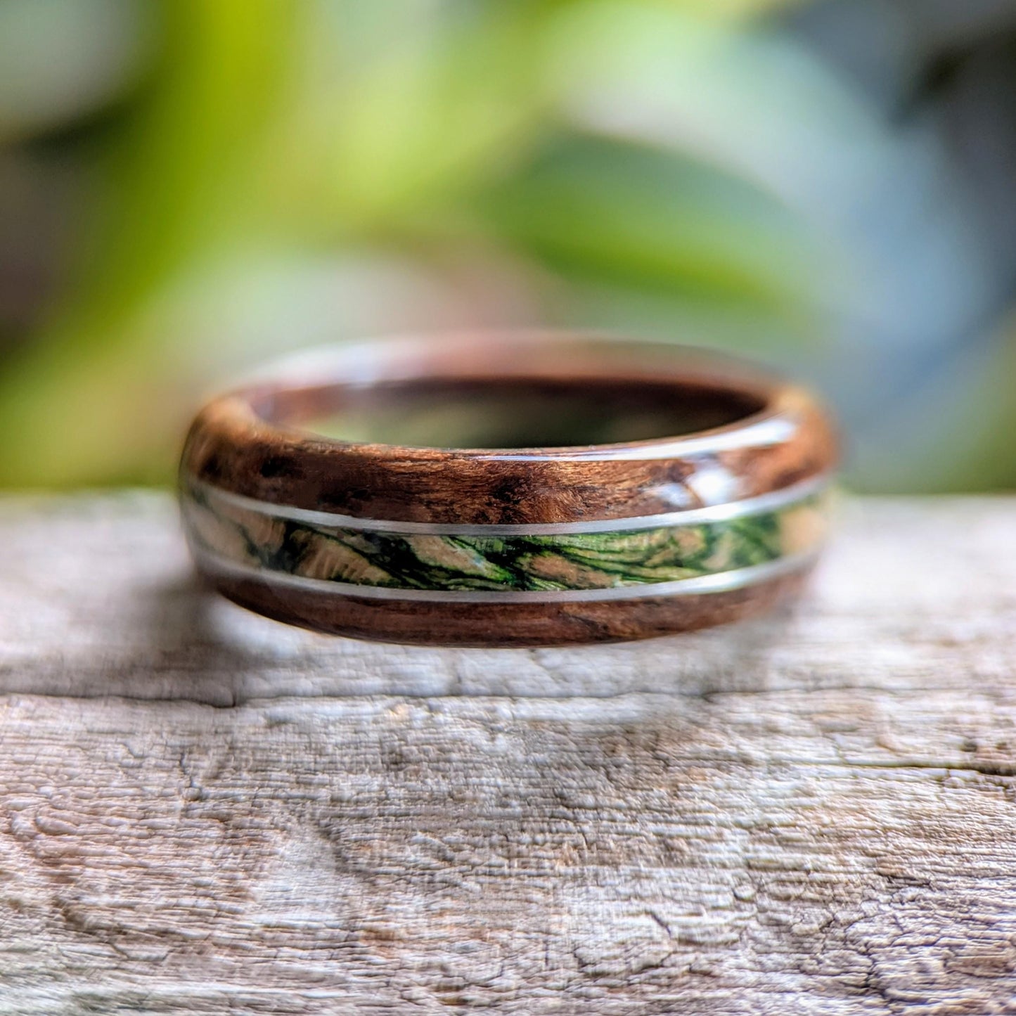Walnut and Emerald Maple with Twin Platinum Wire Inlay Wood and Gold Rings Wedding & Engagement GrownRings Walnut, 8mm wide, Handmade, Natural, Reclaimed Wood, mens ring wood, mens ring, mens gift ideas, mens wood ring, Sustainable, walnut wedding ring, Maple ring, Maple