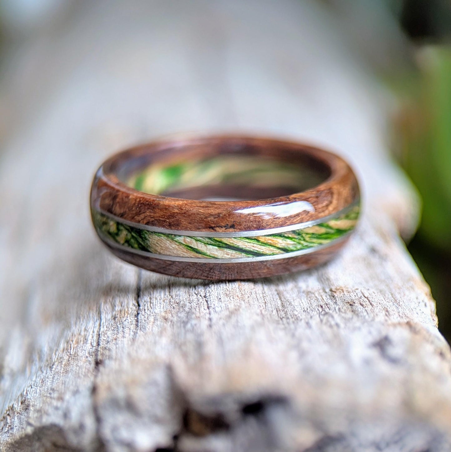 Walnut and Emerald Maple with Twin Platinum Wire Inlay Wood and Gold Rings Wedding & Engagement GrownRings Walnut, 8mm wide, Handmade, Natural, Reclaimed Wood, mens ring wood, mens ring, mens gift ideas, mens wood ring, Sustainable, walnut wedding ring, Maple ring, Maple