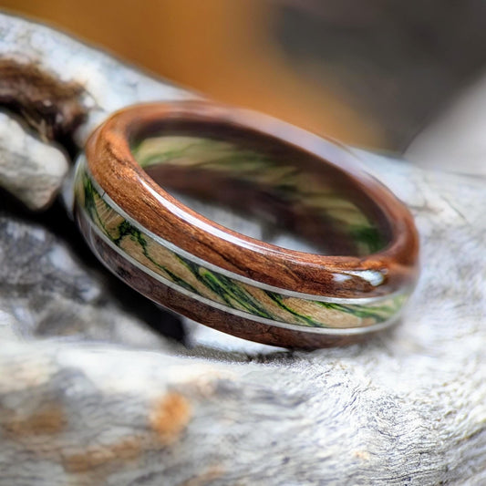 Walnut and Emerald Maple with Twin Platinum Wire Inlay Wood and Gold Rings Wedding & Engagement GrownRings Walnut, 8mm wide, Handmade, Natural, Reclaimed Wood, mens ring wood, mens ring, mens gift ideas, mens wood ring, Sustainable, walnut wedding ring, Maple ring, Maple