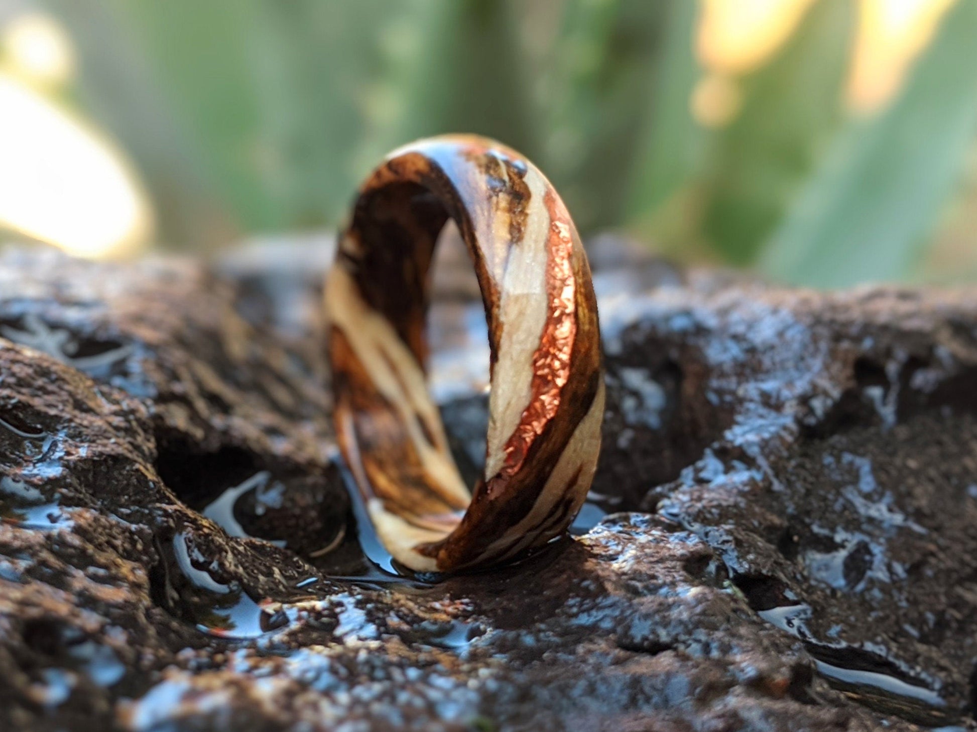 Driftwood and Bocote Wood Ring with 22k Rose Gold Vein Inlay Wood and Gold Rings Wedding Bands GrownRings Rose Gold, Driftwood, Bocote, Handmade, Gold Inlay, mens wedding band, wooden ring men, wooden engagement ring, wooden wedding ring, wooden wedding band, Driftwood Ring, Sailing ring, Destination wedding
