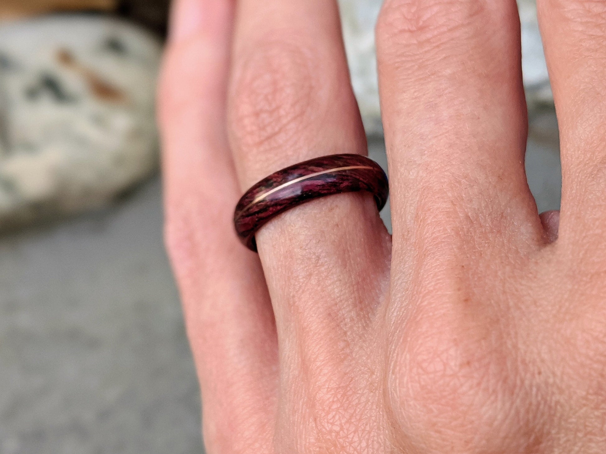 Purpleheart Wood Ring with 14k Rose Gold Inlay Wood and Gold Rings Wedding Bands GrownRings Rose Gold, wood, gold, Handmade, Natural jewerlry, Earth materials, Wood Ring, Man wedding band, Reclaimed Wood, gold ring for man, gold ring for woman, Rose gold ring woman, love
