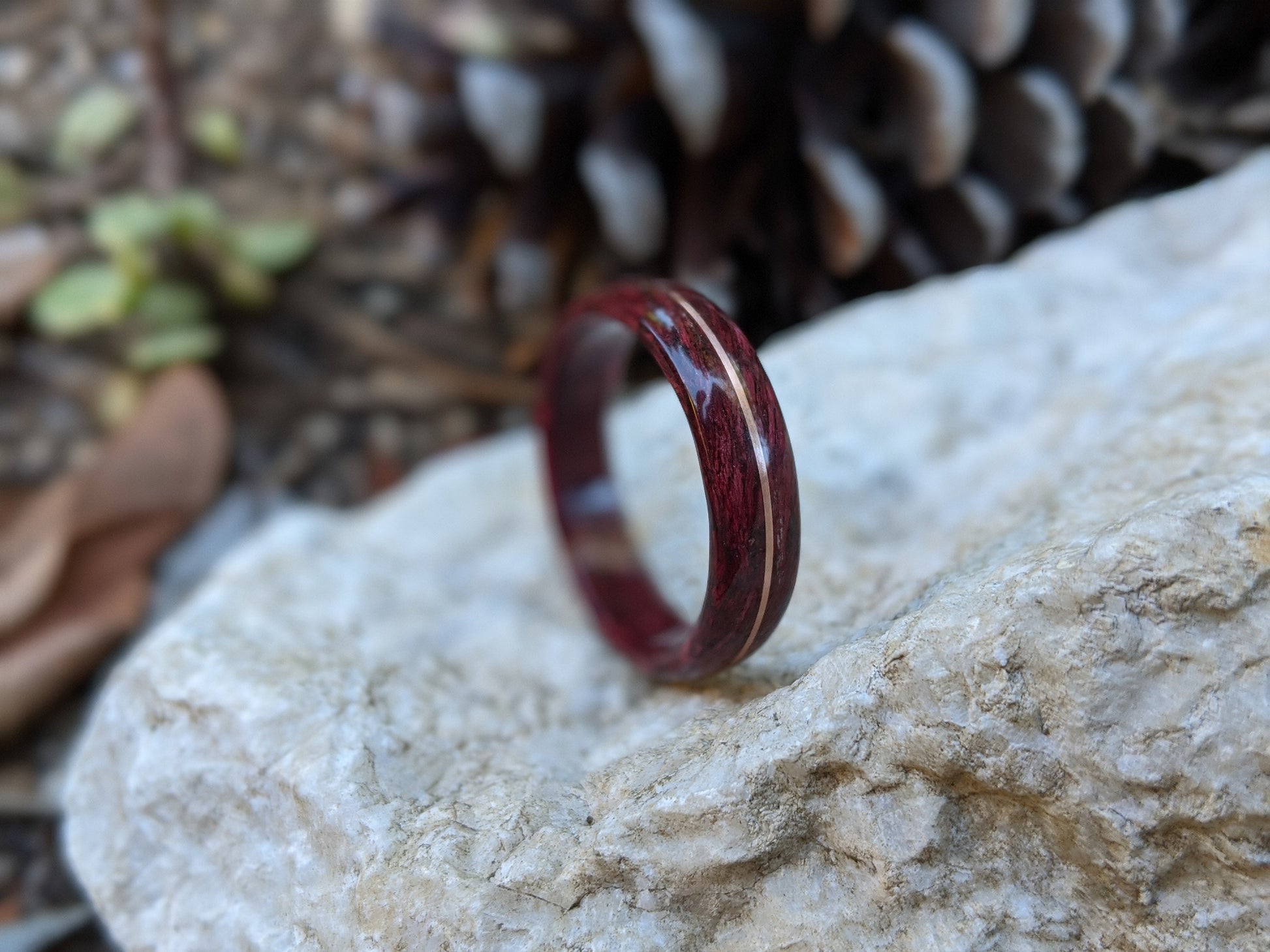 Purpleheart Wood Ring with 14k Rose Gold Inlay Wood and Gold Rings Wedding Bands GrownRings Rose Gold, wood, gold, Handmade, Natural jewerlry, Earth materials, Wood Ring, Man wedding band, Reclaimed Wood, gold ring for man, gold ring for woman, Rose gold ring woman, love