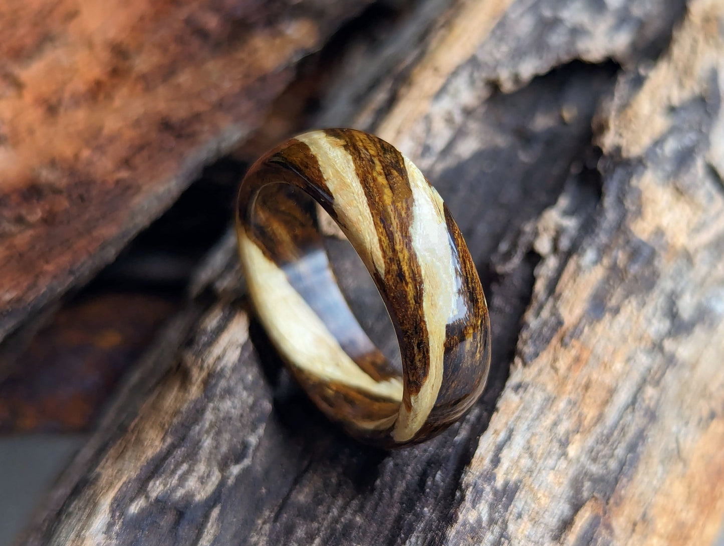 Driftwood and Bocote Wood Ring All Wood Rings Bands GrownRings Handmade, Natural, Reclaimed Wood, mens ring wooden, man wooden ring, Man ring, Man gift, women gift, Bocote, Driftwood, Destination Wedding, Nautical wedding, Sailing gift