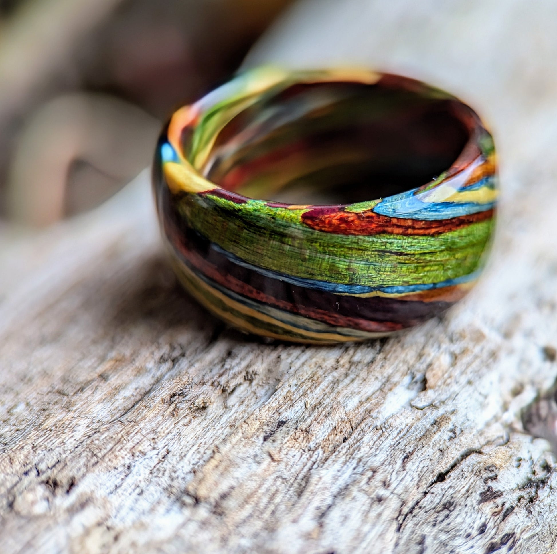 The Spectrum Wood Ring - Emerald Maple, Bloodwood, Yellowheart, Blue Maple, Purpleheart and Yew All Wood Rings Bands GrownRings Handmade, Reclaimed Wood, mens ring handmade, custom wood ring, Womens ring, rings made of wood, Anniversary gift, yew, yellowheart, bloodwood, rainbow, grown rings