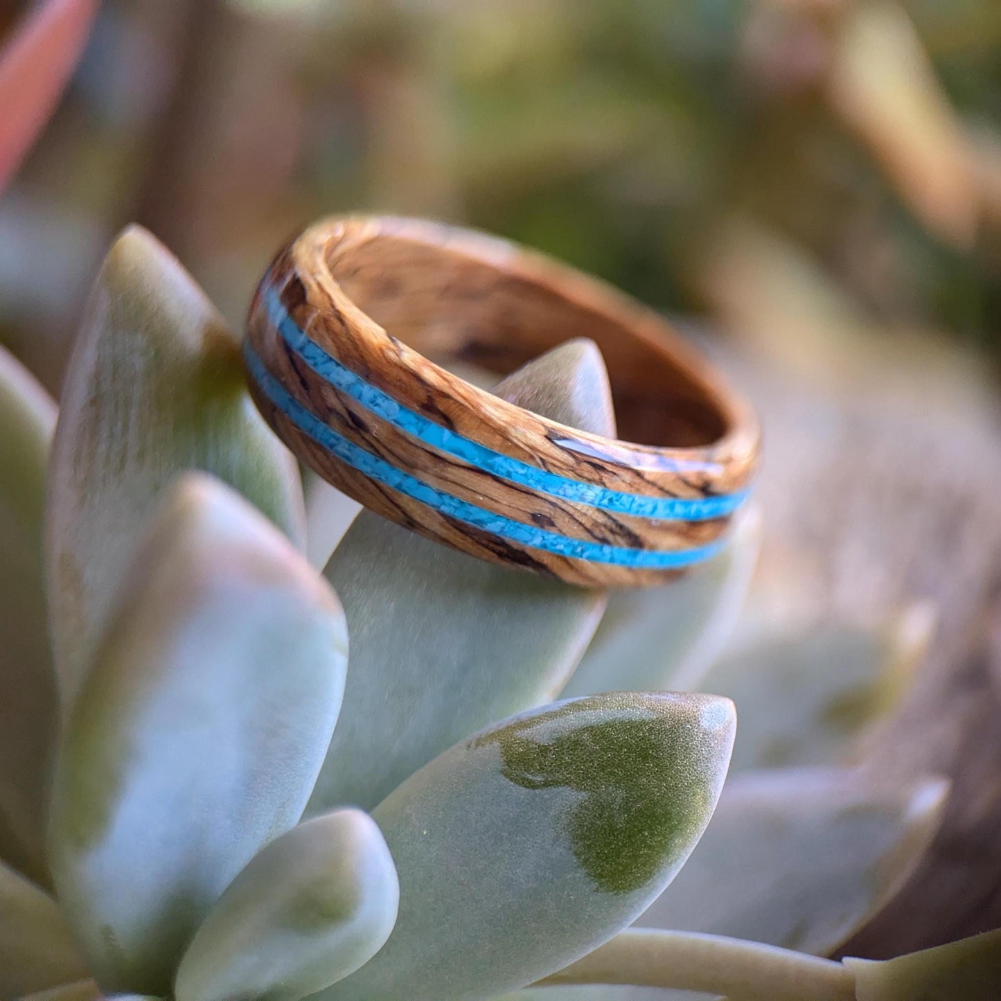 Grown Rings Jack Daniels Whiskey Barrel and twin crushed Turquoise stone inlays