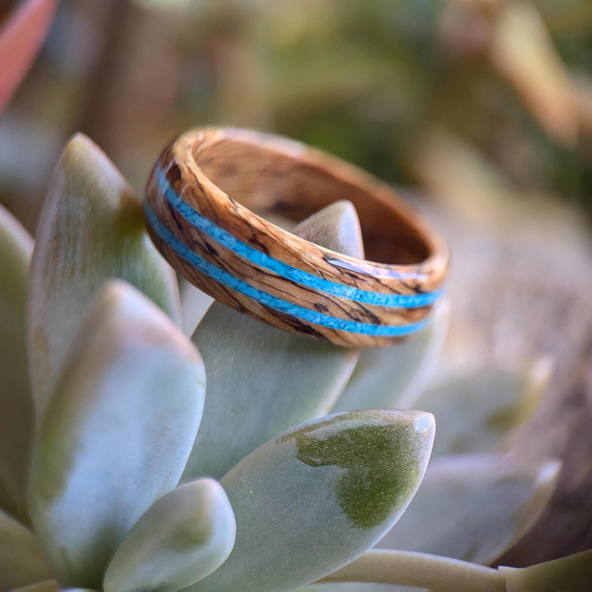 Grown Rings Jack Daniels Whiskey Barrel and twin crushed Turquoise stone inlays