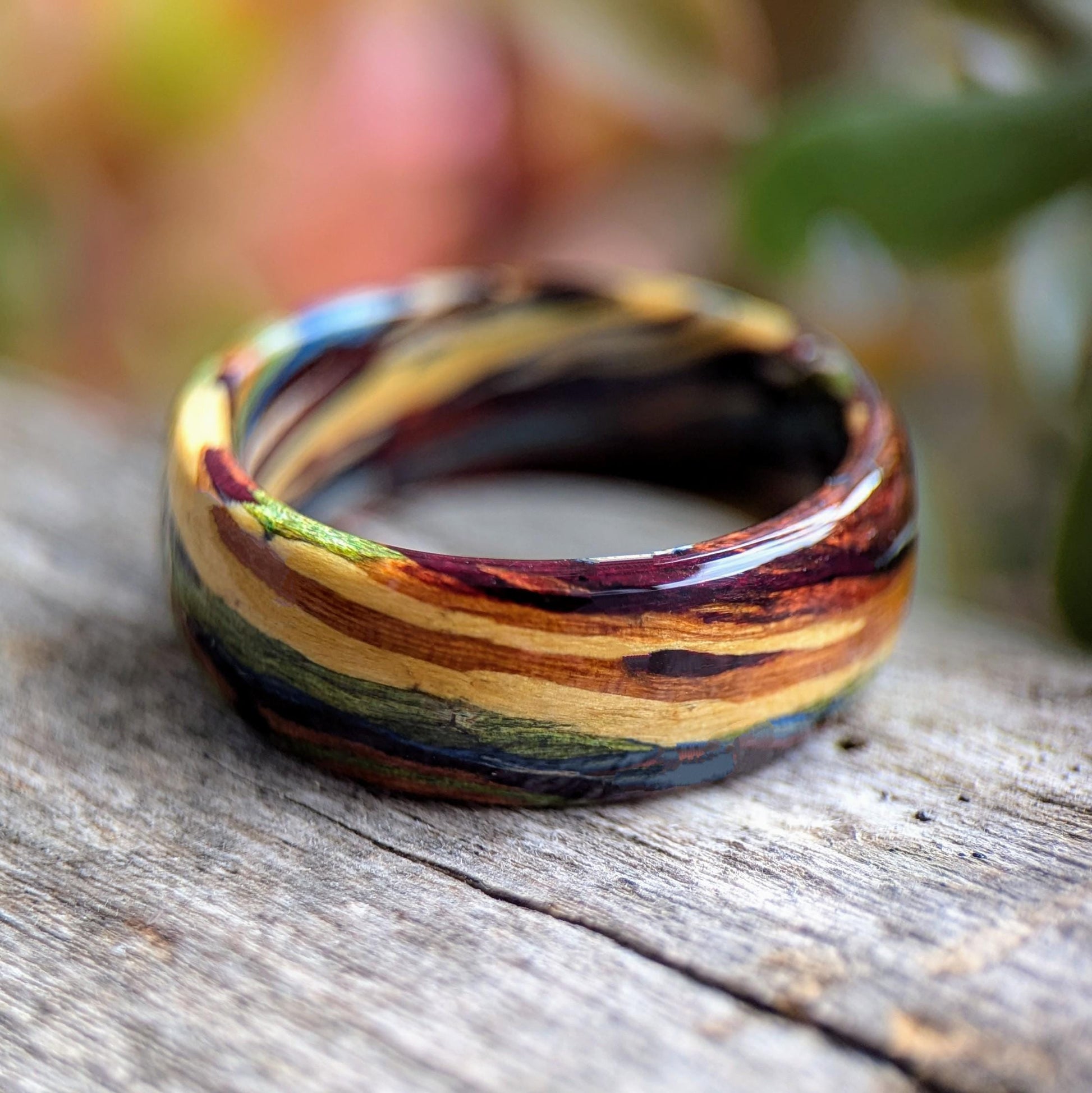 The Spectrum Wood Ring - Emerald Maple, Bloodwood, Yellowheart, Blue Maple, Purpleheart and Yew All Wood Rings Bands GrownRings Handmade, Reclaimed Wood, mens ring handmade, custom wood ring, Womens ring, rings made of wood, Anniversary gift, yew, yellowheart, bloodwood, rainbow, grown rings