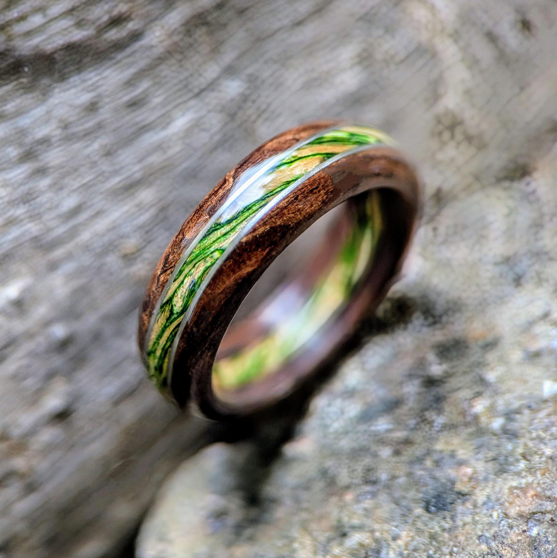 Walnut and Emerald Maple with Twin Platinum Wire Inlay Wood and Gold Rings Wedding & Engagement GrownRings Walnut, 8mm wide, Handmade, Natural, Reclaimed Wood, mens ring wood, mens ring, mens gift ideas, mens wood ring, Sustainable, walnut wedding ring, Maple ring, Maple