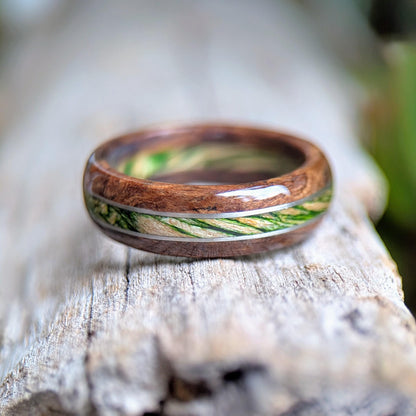 Walnut and Emerald Maple with Twin Platinum Wire Inlay Wood and Gold Rings Wedding & Engagement GrownRings Walnut, 8mm wide, Handmade, Natural, Reclaimed Wood, mens ring wood, mens ring, mens gift ideas, mens wood ring, Sustainable, walnut wedding ring, Maple ring, Maple