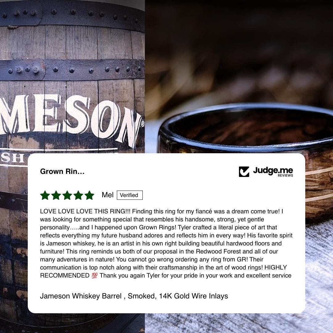 Jameson Whiskey Barrel , Smoked, 14K Gold Wire Inlays Jameson Whiskey Rings Wedding Bands GrownRings Jack Daniels Barrel, Whiskey Barrel Ring, White oak, Handmade, Reclaimed Wood, mens ring handmade, custom wood ring, Womens ring, rings made of wood, Bartender Gift, Anniversary gift, Irish wedding, Jameson Whiskey Barrel