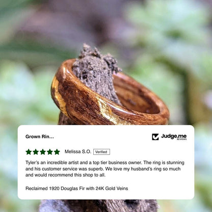 Reclaimed 1920 Douglas Fir with 24K Gold Veins Wood and Gold Rings Wedding Bands GrownRings Rose Gold, Handmade, Gold Inlay, mens wedding band, wooden ring men, wooden engagement ring, wooden wedding ring, wooden wedding band, Douglas Fir, Reclaimed Wood, Upcycled, Custom